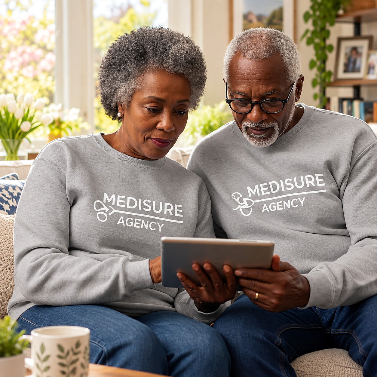 A senior couple wearing Medisure Agency sweatshirts reviewing Medicare options together on a tablet